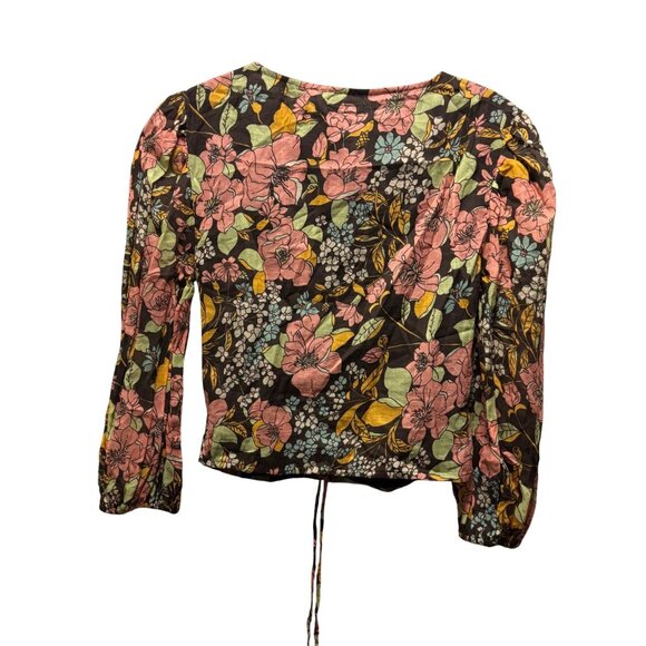 MOTHER The Cinch Top XS Brown Floral Puff Sleeve Ruched Front Lightweight Blouse - Picture 6 of 10